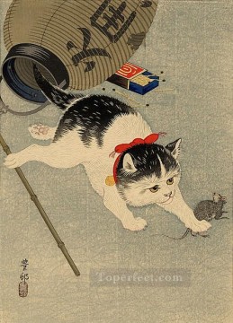  Koson Pintura al %C3%B3leo - gato atrapando un ratón Ohara Koson japonés